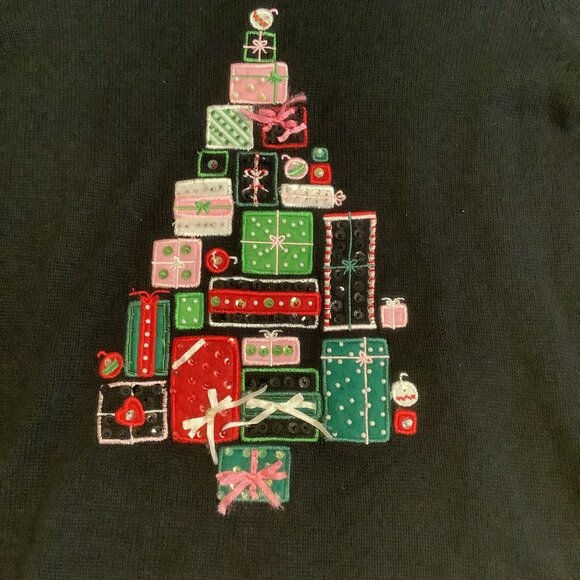 Tiara International Ugly Christmas Sweater Womens M Black Gift Tree - Picture 6 of 13